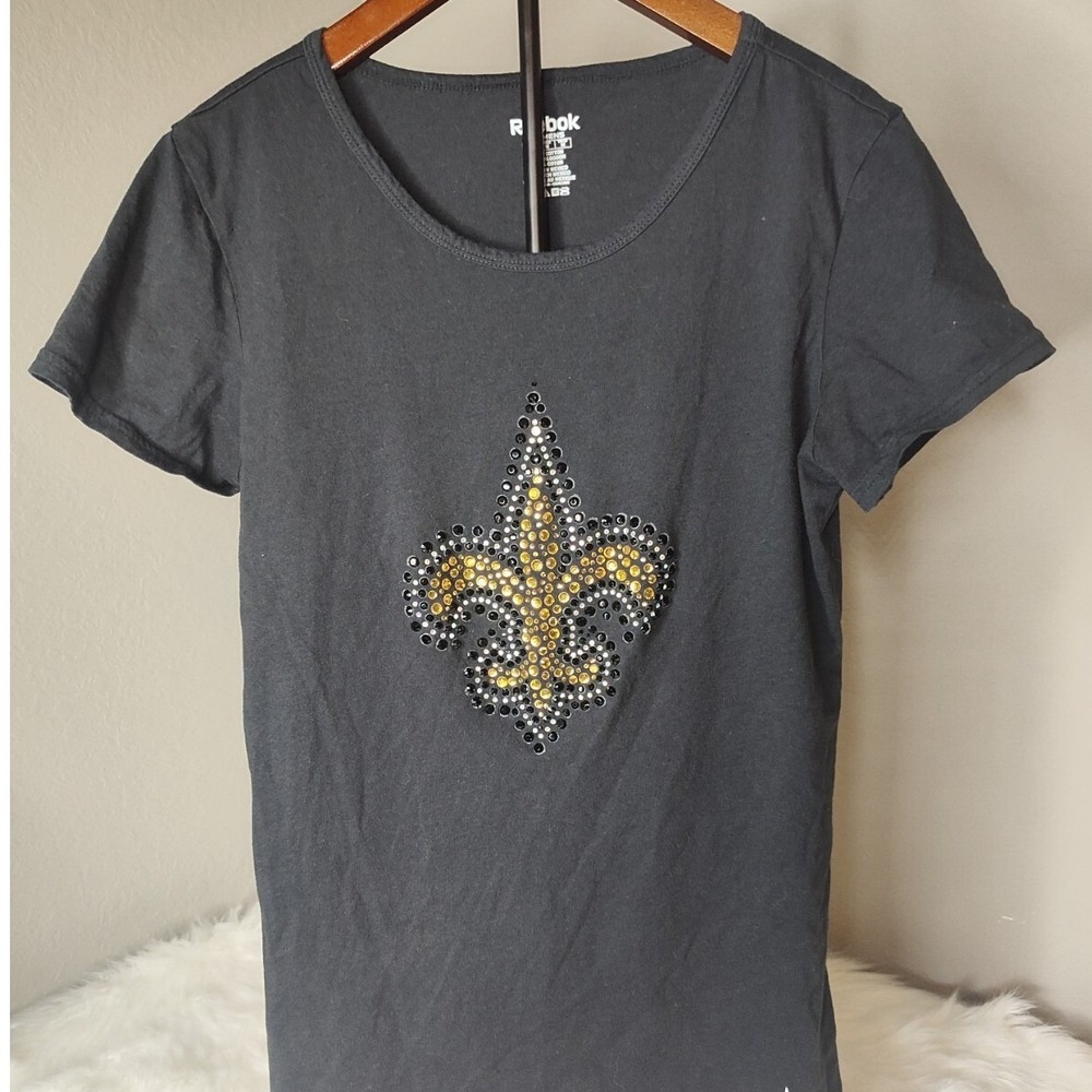 Reebok T-Shirt Women Large Black New Orleans Saints Rhinestone Fleur-de-lis NFL